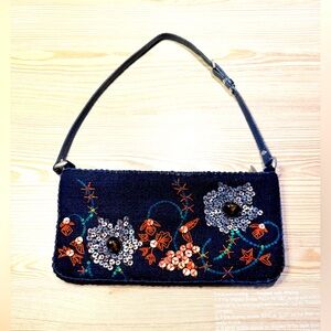 Chan Luu Signed Beaded, Sequined & Embroidered Leather Strap Navy Handbag